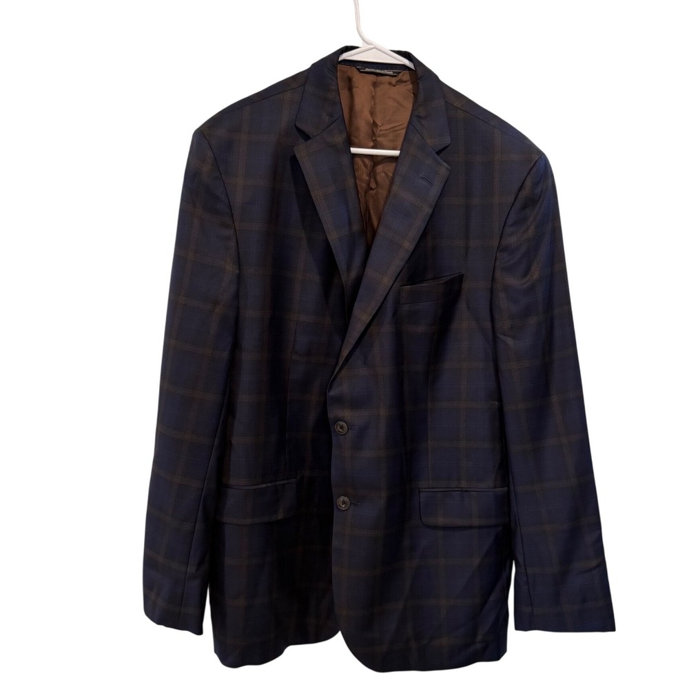 Jack Victor Mens Blazer Super 130S Italian Fabric Navy Brown Plaid Sport Coat 46